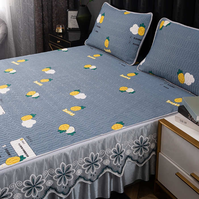 91家纺网 家纺一手货源 找家纺 纽缦家纺 2021新款凉感丝乳胶凉席可拆卸床裙款三件套 菠萝情兰