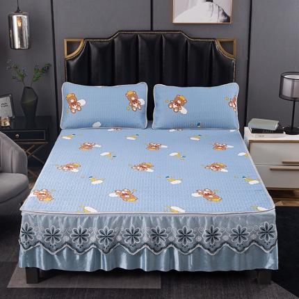 纽缦家纺 2021新款凉感丝乳胶凉席可拆卸床裙款三件套 呆萌伙伴兰