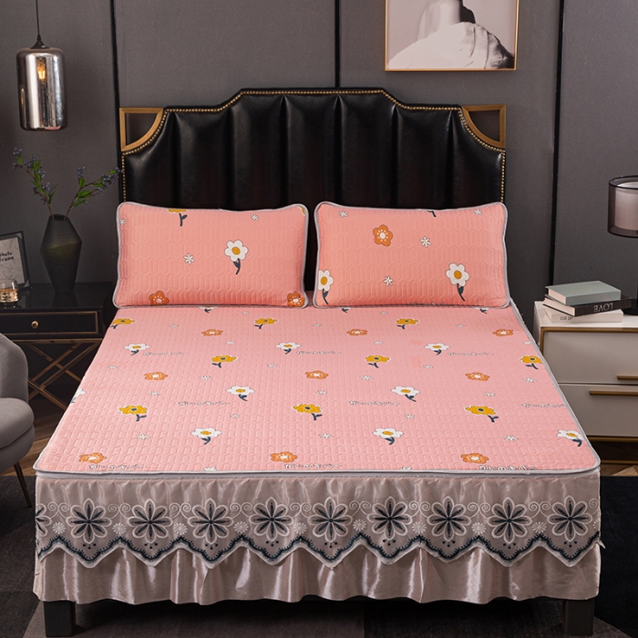 91家纺网 家纺一手货源 找家纺 纽缦家纺 2021新款凉感丝乳胶凉席可拆卸床裙款三件套 东洋之花-玉