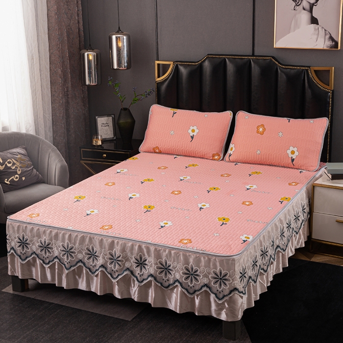 91家纺网 家纺一手货源 找家纺 纽缦家纺 2021新款凉感丝乳胶凉席可拆卸床裙款三件套 东洋之花-玉