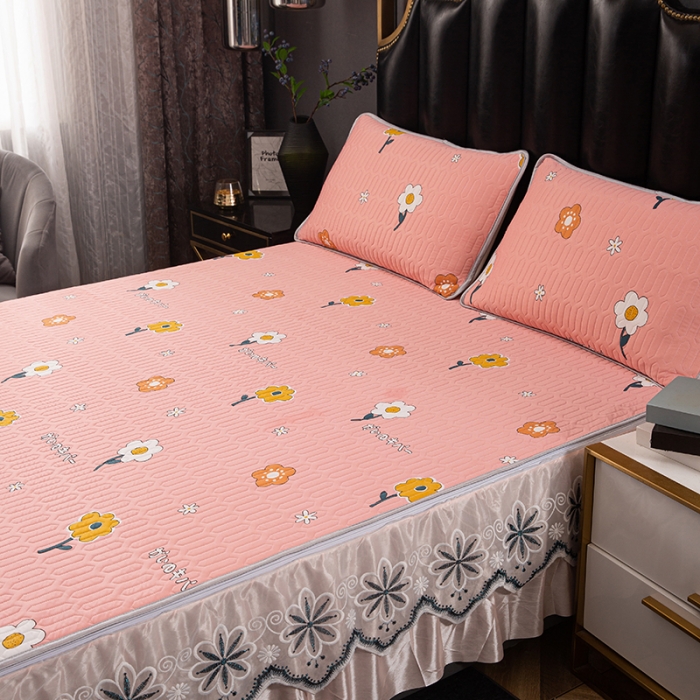 91家纺网 家纺一手货源 找家纺 纽缦家纺 2021新款凉感丝乳胶凉席可拆卸床裙款三件套 东洋之花-玉