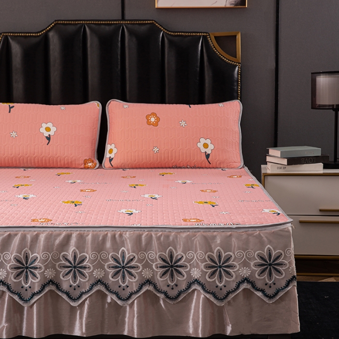 91家纺网 家纺一手货源 找家纺 纽缦家纺 2021新款凉感丝乳胶凉席可拆卸床裙款三件套 东洋之花-玉