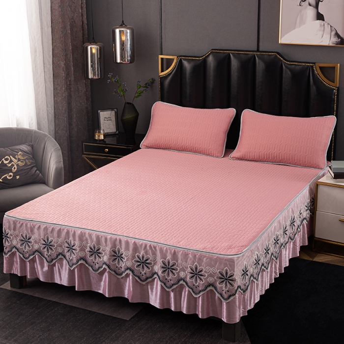 91家纺网 家纺一手货源 找家纺 纽缦家纺 2021新款凉感丝乳胶凉席可拆卸床裙款三件套 豆沙