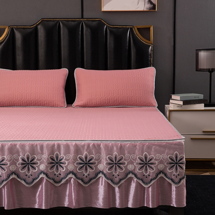 91家纺网 家纺一手货源 找家纺 纽缦家纺 2021新款凉感丝乳胶凉席可拆卸床裙款三件套 豆沙