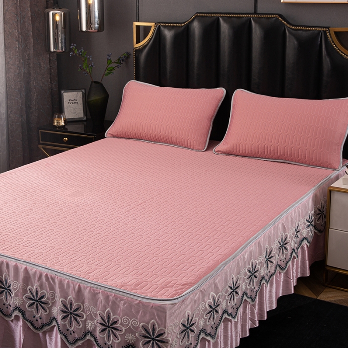 91家纺网 家纺一手货源 找家纺 纽缦家纺 2021新款凉感丝乳胶凉席可拆卸床裙款三件套 豆沙