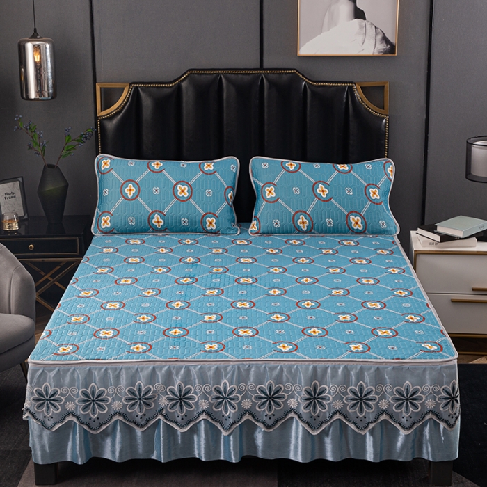 91家纺网 家纺一手货源 找家纺 纽缦家纺 2021新款凉感丝乳胶凉席可拆卸床裙款三件套 简花兰