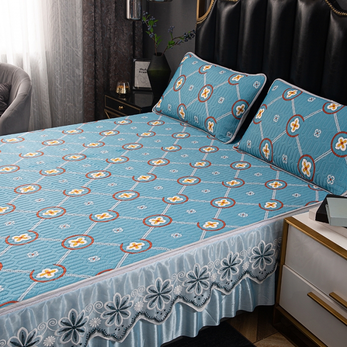 91家纺网 家纺一手货源 找家纺 纽缦家纺 2021新款凉感丝乳胶凉席可拆卸床裙款三件套 简花兰