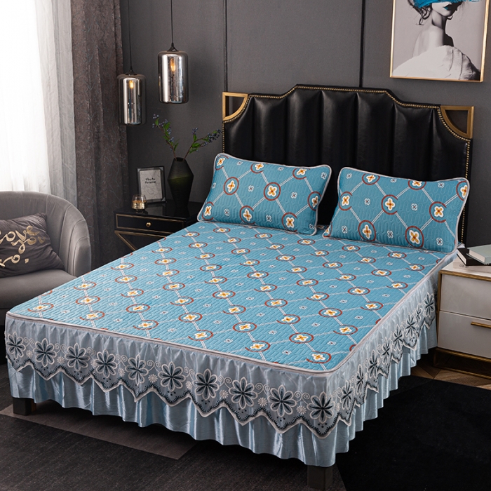 91家纺网 家纺一手货源 找家纺 纽缦家纺 2021新款凉感丝乳胶凉席可拆卸床裙款三件套 简花兰