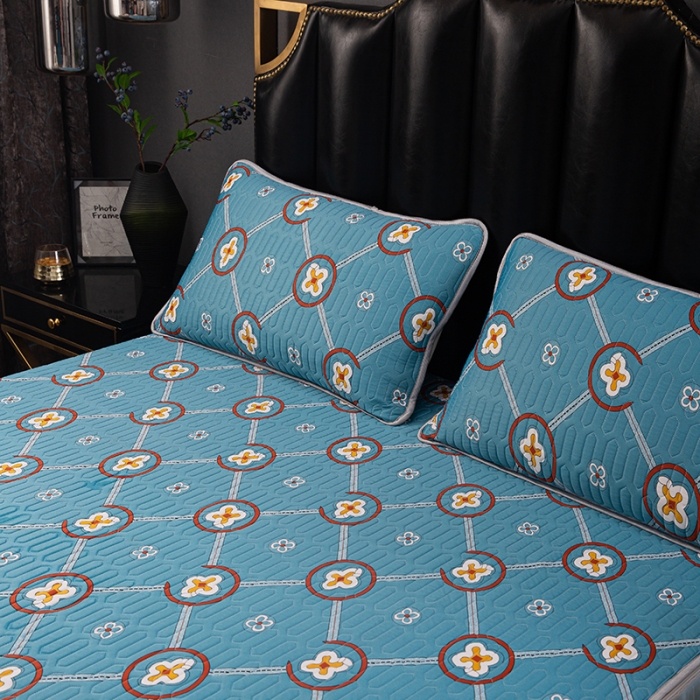 91家纺网 家纺一手货源 找家纺 纽缦家纺 2021新款凉感丝乳胶凉席可拆卸床裙款三件套 简花兰