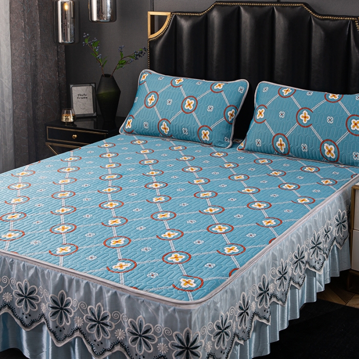 91家纺网 家纺一手货源 找家纺 纽缦家纺 2021新款凉感丝乳胶凉席可拆卸床裙款三件套 简花兰