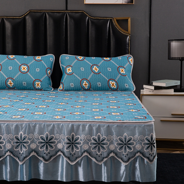 91家纺网 家纺一手货源 找家纺 纽缦家纺 2021新款凉感丝乳胶凉席可拆卸床裙款三件套 简花兰