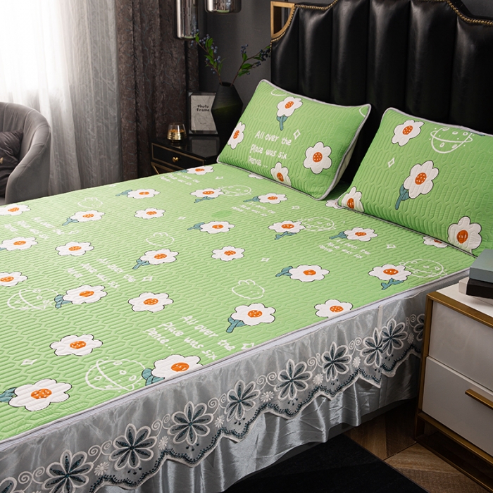 91家纺网 家纺一手货源 找家纺 纽缦家纺 2021新款凉感丝乳胶凉席可拆卸床裙款三件套 开心花语-绿