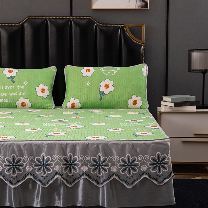 91家纺网 家纺一手货源 找家纺 纽缦家纺 2021新款凉感丝乳胶凉席可拆卸床裙款三件套 开心花语-绿