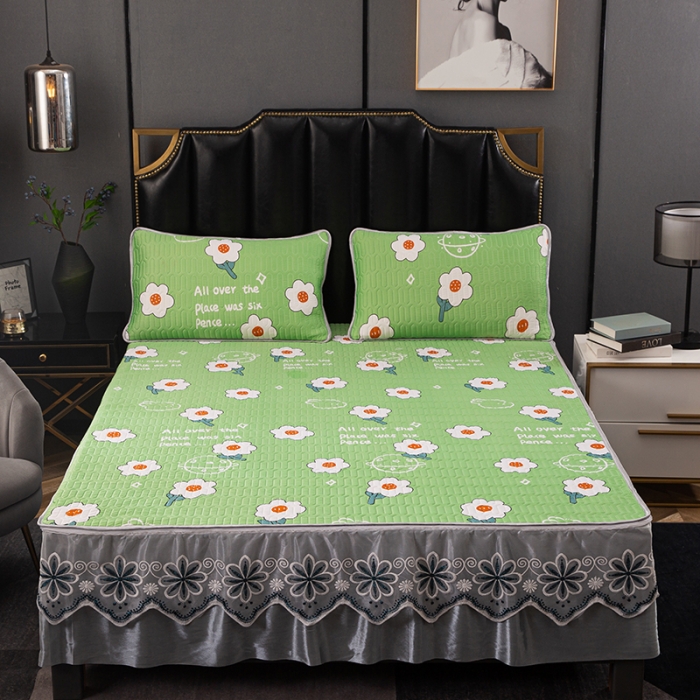 91家纺网 家纺一手货源 找家纺 纽缦家纺 2021新款凉感丝乳胶凉席可拆卸床裙款三件套 开心花语-绿