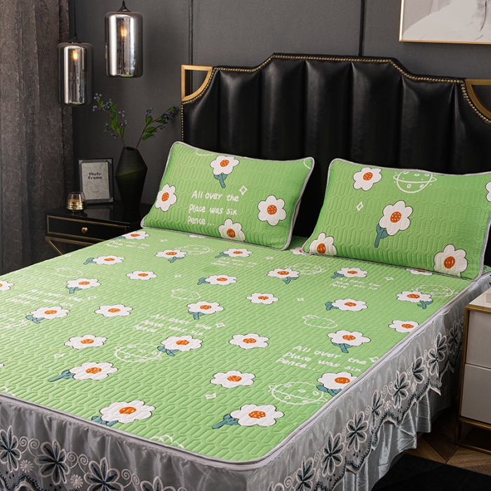 91家纺网 家纺一手货源 找家纺 纽缦家纺 2021新款凉感丝乳胶凉席可拆卸床裙款三件套 开心花语-绿