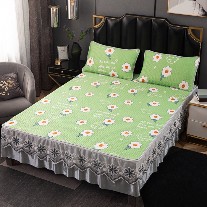 91家纺网 家纺一手货源 找家纺 纽缦家纺 2021新款凉感丝乳胶凉席可拆卸床裙款三件套 开心花语-绿