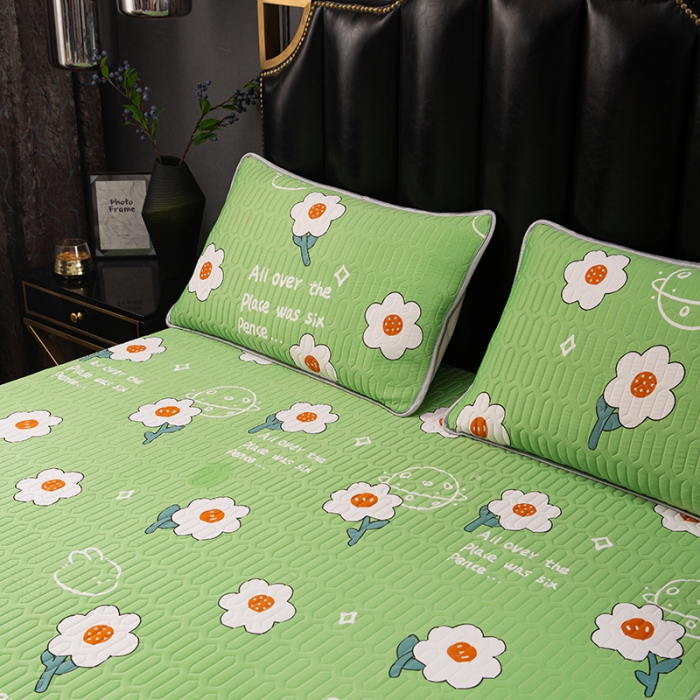 91家纺网 家纺一手货源 找家纺 纽缦家纺 2021新款凉感丝乳胶凉席可拆卸床裙款三件套 开心花语-绿