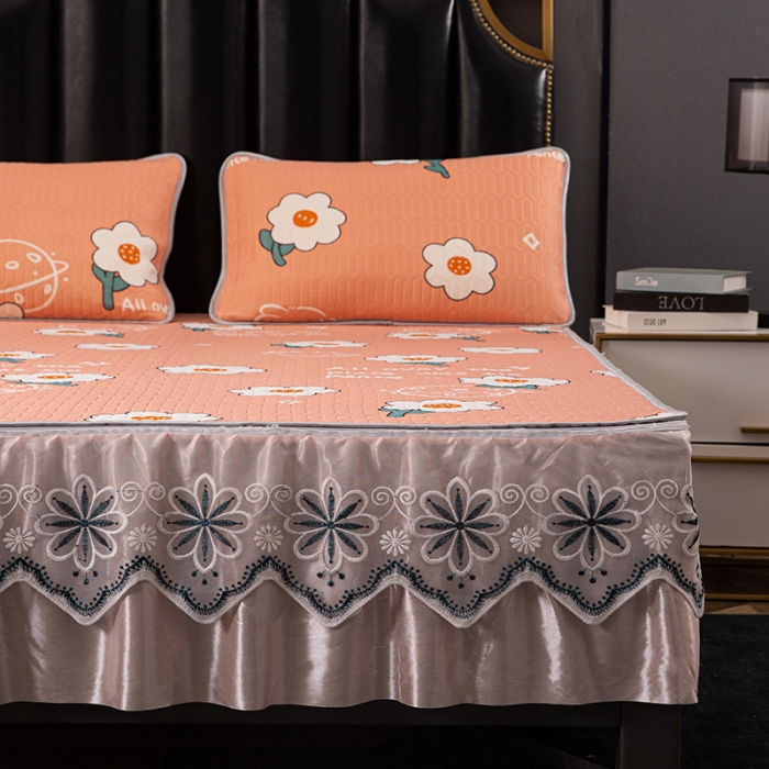 91家纺网 家纺一手货源 找家纺 纽缦家纺 2021新款凉感丝乳胶凉席可拆卸床裙款三件套 开心花语玉