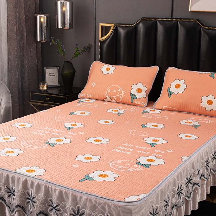 91家纺网 家纺一手货源 找家纺 纽缦家纺 2021新款凉感丝乳胶凉席可拆卸床裙款三件套 开心花语玉