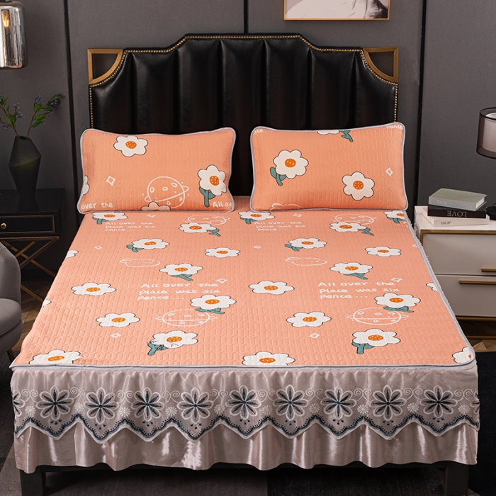 91家纺网 家纺一手货源 找家纺 纽缦家纺 2021新款凉感丝乳胶凉席可拆卸床裙款三件套 开心花语玉