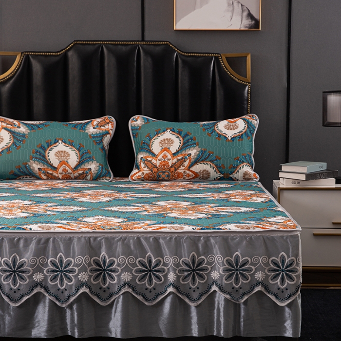 91家纺网 家纺一手货源 找家纺 纽缦家纺 2021新款凉感丝乳胶凉席可拆卸床裙款三件套 浪漫巴黎（绿）