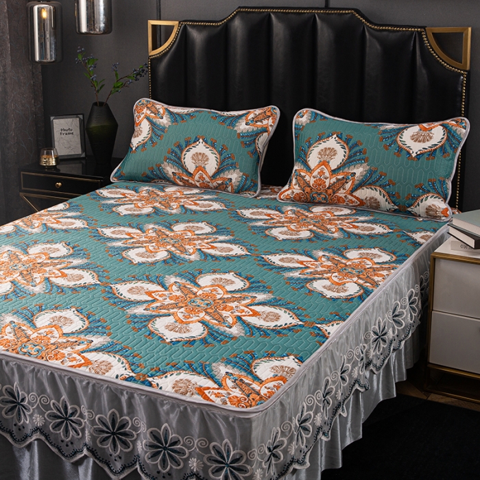 91家纺网 家纺一手货源 找家纺 纽缦家纺 2021新款凉感丝乳胶凉席可拆卸床裙款三件套 浪漫巴黎（绿）