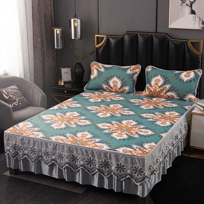 91家纺网 家纺一手货源 找家纺 纽缦家纺 2021新款凉感丝乳胶凉席可拆卸床裙款三件套 浪漫巴黎（绿）