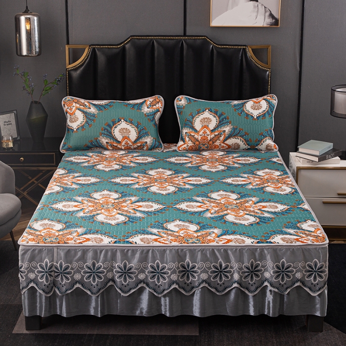 91家纺网 家纺一手货源 找家纺 纽缦家纺 2021新款凉感丝乳胶凉席可拆卸床裙款三件套 浪漫巴黎（绿）