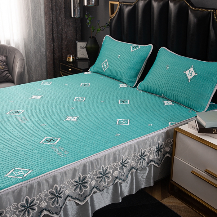 91家纺网 家纺一手货源 找家纺 纽缦家纺 2021新款凉感丝乳胶凉席可拆卸床裙款三件套 路易