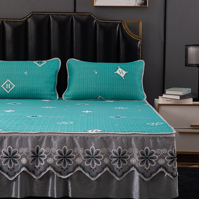 91家纺网 家纺一手货源 找家纺 纽缦家纺 2021新款凉感丝乳胶凉席可拆卸床裙款三件套 路易