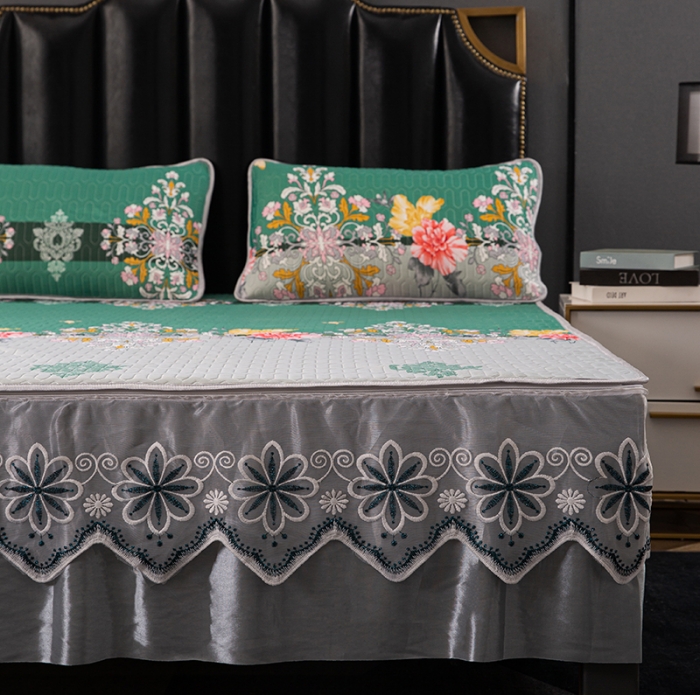 91家纺网 家纺一手货源 找家纺 纽缦家纺 2021新款凉感丝乳胶凉席可拆卸床裙款三件套 罗马假日-绿