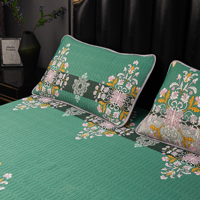 91家纺网 家纺一手货源 找家纺 纽缦家纺 2021新款凉感丝乳胶凉席可拆卸床裙款三件套 罗马假日-绿