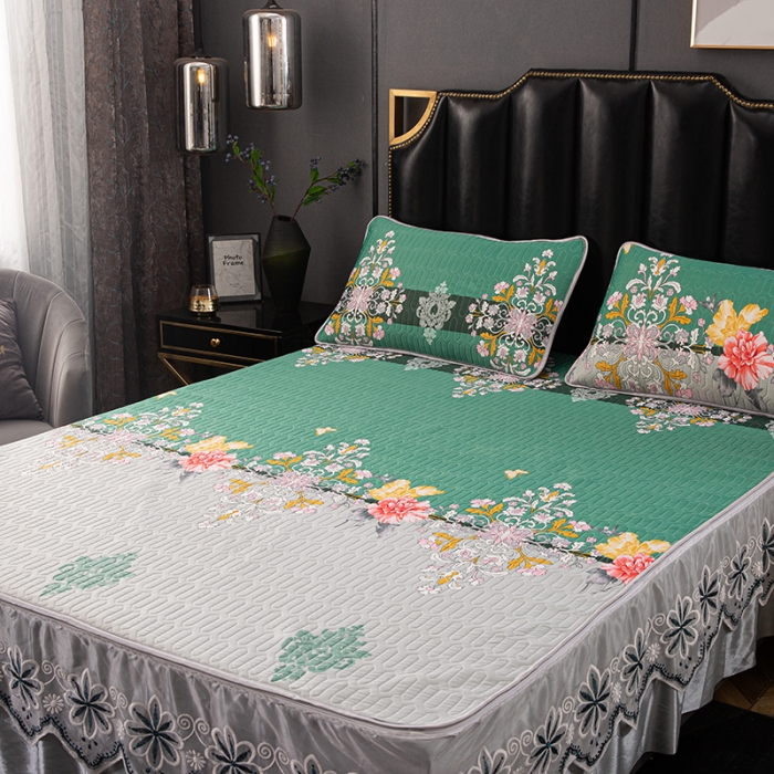 91家纺网 家纺一手货源 找家纺 纽缦家纺 2021新款凉感丝乳胶凉席可拆卸床裙款三件套 罗马假日-绿