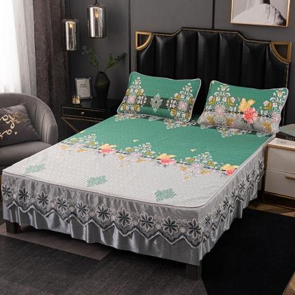 纽缦家纺 2021新款凉感丝乳胶凉席可拆卸床裙款三件套 罗马假日-绿