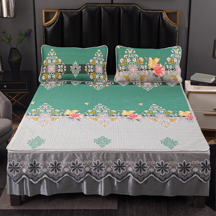 91家纺网 家纺一手货源 找家纺 纽缦家纺 2021新款凉感丝乳胶凉席可拆卸床裙款三件套 罗马假日-绿