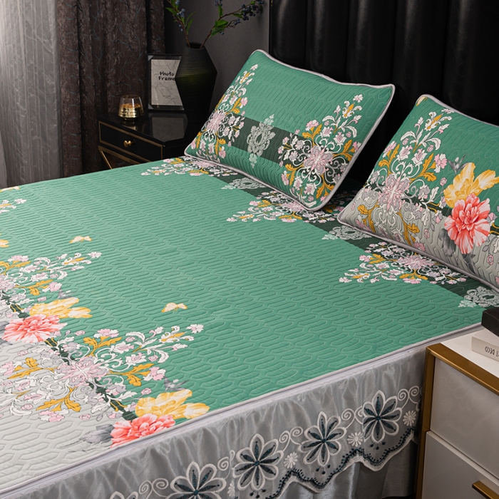 91家纺网 家纺一手货源 找家纺 纽缦家纺 2021新款凉感丝乳胶凉席可拆卸床裙款三件套 罗马假日-绿