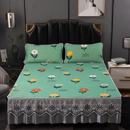 纽缦家纺 2021新款凉感丝乳胶凉席可拆卸床裙款三件套 绿野仙踪墨绿