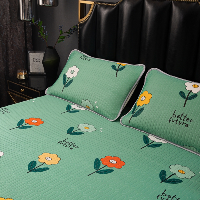 91家纺网 家纺一手货源 找家纺 纽缦家纺 2021新款凉感丝乳胶凉席可拆卸床裙款三件套 绿野仙踪墨绿