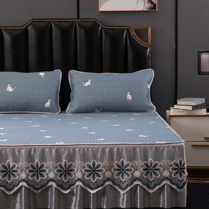 91家纺网 家纺一手货源 找家纺 纽缦家纺 2021新款凉感丝乳胶凉席可拆卸床裙款三件套 喵趣横生