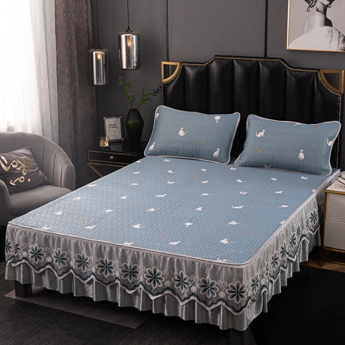 91家纺网 家纺一手货源 找家纺 纽缦家纺 2021新款凉感丝乳胶凉席可拆卸床裙款三件套 喵趣横生