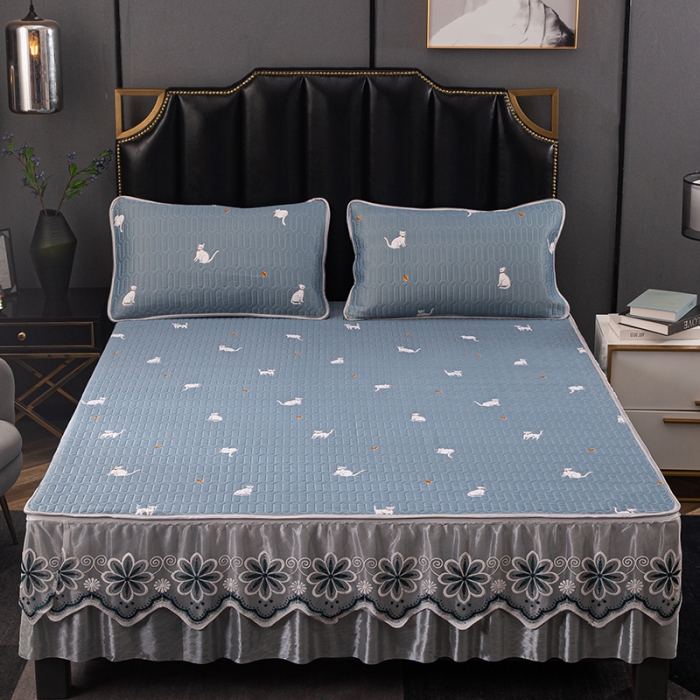 91家纺网 家纺一手货源 找家纺 纽缦家纺 2021新款凉感丝乳胶凉席可拆卸床裙款三件套 喵趣横生