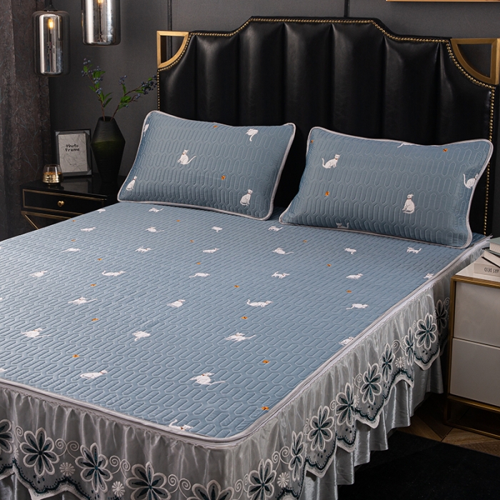 91家纺网 家纺一手货源 找家纺 纽缦家纺 2021新款凉感丝乳胶凉席可拆卸床裙款三件套 喵趣横生