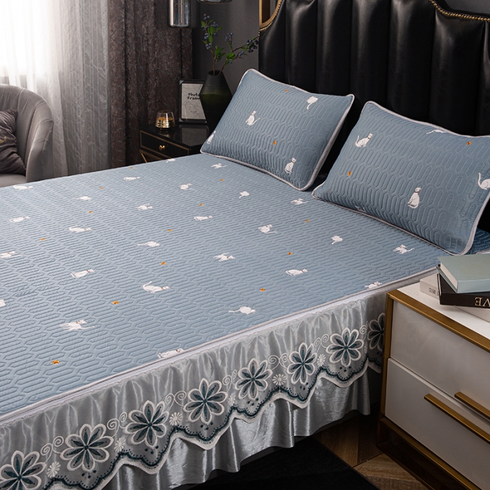 91家纺网 家纺一手货源 找家纺 纽缦家纺 2021新款凉感丝乳胶凉席可拆卸床裙款三件套 喵趣横生