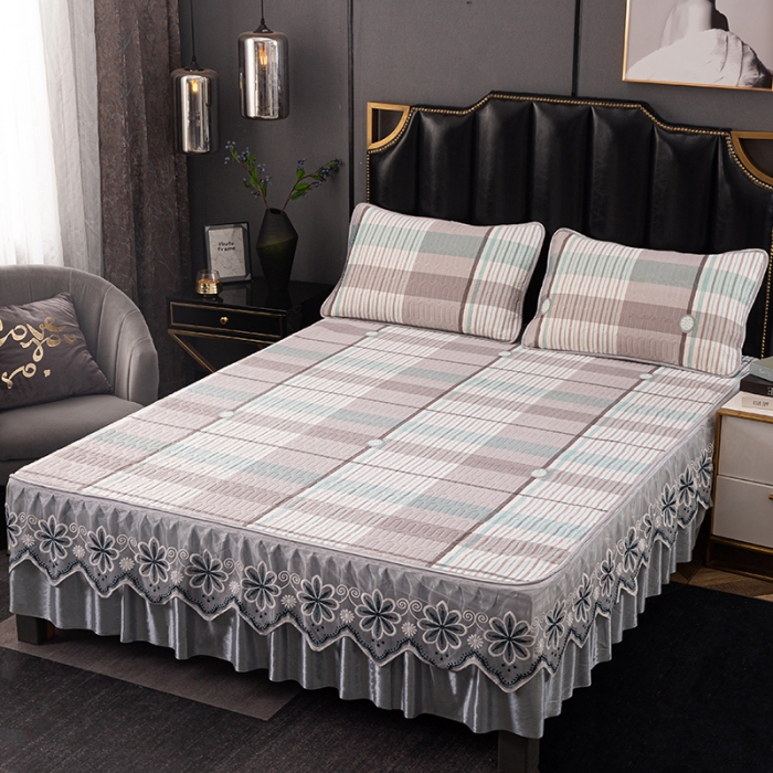 91家纺网 家纺一手货源 找家纺 纽缦家纺 2021新款凉感丝乳胶凉席可拆卸床裙款三件套 温文尔雅绿