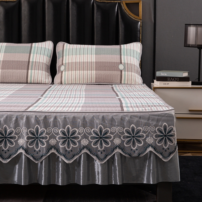 91家纺网 家纺一手货源 找家纺 纽缦家纺 2021新款凉感丝乳胶凉席可拆卸床裙款三件套 温文尔雅绿