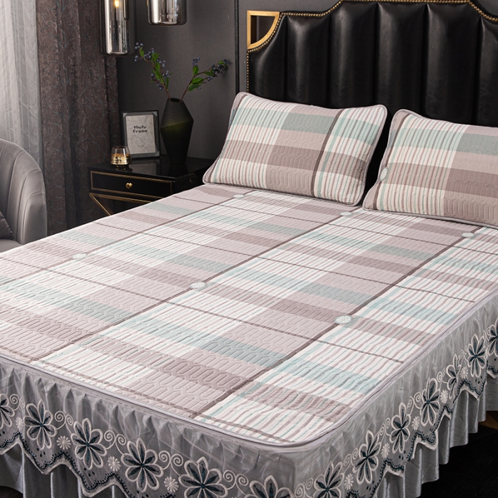 91家纺网 家纺一手货源 找家纺 纽缦家纺 2021新款凉感丝乳胶凉席可拆卸床裙款三件套 温文尔雅绿