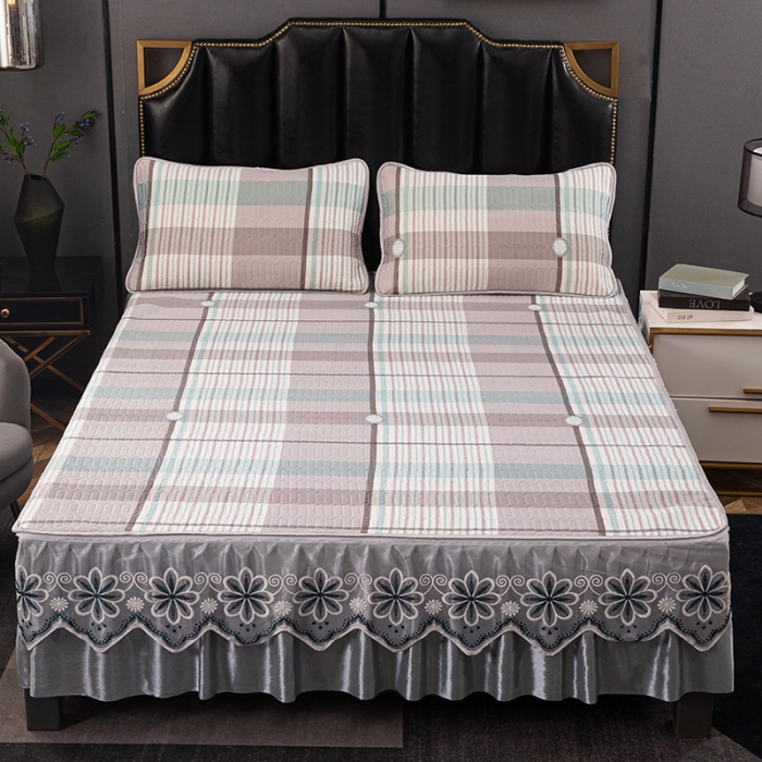 91家纺网 家纺一手货源 找家纺 纽缦家纺 2021新款凉感丝乳胶凉席可拆卸床裙款三件套 温文尔雅绿