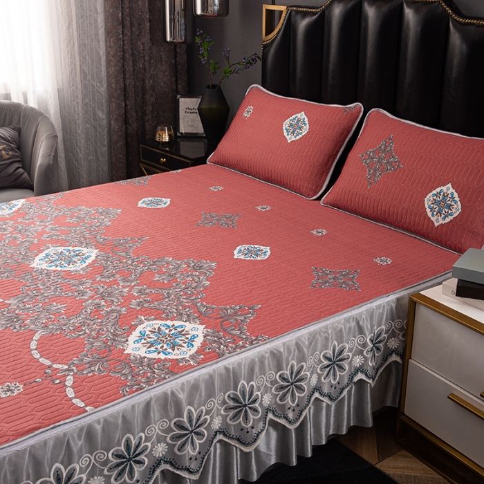 91家纺网 家纺一手货源 找家纺 纽缦家纺 2021新款凉感丝乳胶凉席可拆卸床裙款三件套 夏日恋情-铁红