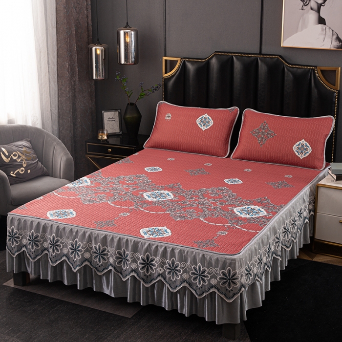 91家纺网 家纺一手货源 找家纺 纽缦家纺 2021新款凉感丝乳胶凉席可拆卸床裙款三件套 夏日恋情-铁红