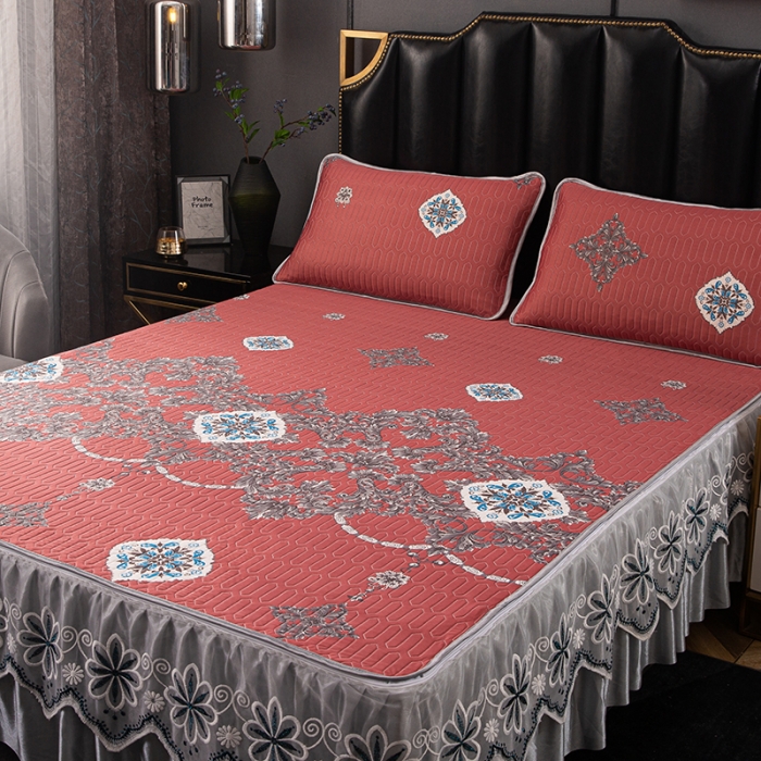 91家纺网 家纺一手货源 找家纺 纽缦家纺 2021新款凉感丝乳胶凉席可拆卸床裙款三件套 夏日恋情-铁红